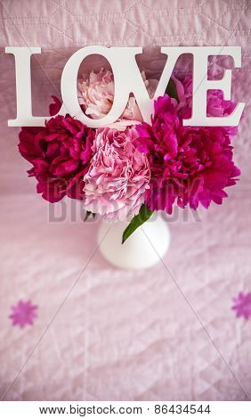 White Vase With Peonies And Love