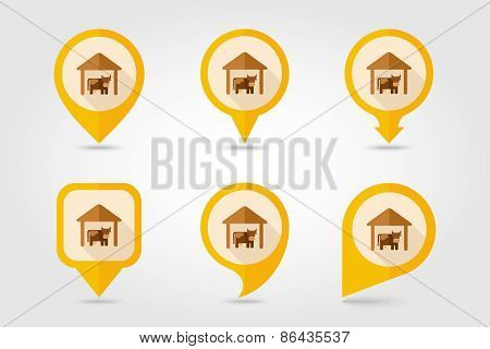 Cowshed Flat Mapping Pin Icon With Long Shadow