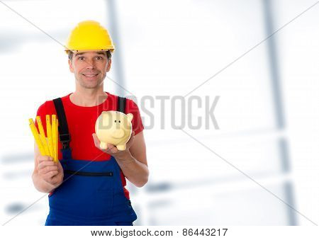 Worker With Yardstick And Piggy Bank