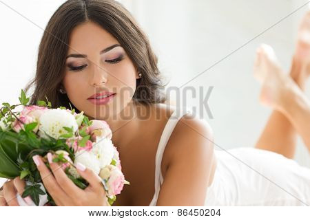Beautiful Bride Holding Nuptial Bouquet
