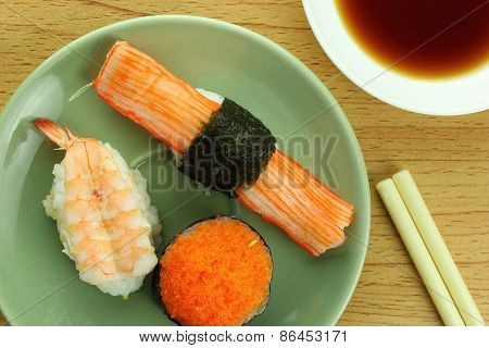 Shrimp Sushi Crab Stick Sushi And Shrimp Eggs Sushi With Shoyu Sauce