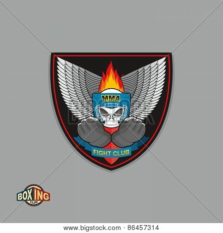 Sports shield emblem. Boxing logo skull. Logotype  boxing Club. Skull in boxing gloves and helmet, w
