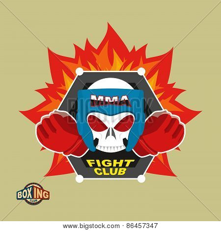 Sports shield emblem. Boxing logo skull. Logotype  boxing Club. Skull in boxing gloves and helmet, w