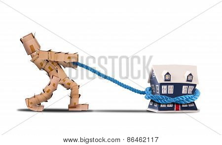 Box character pulling a house with a rope on a white background