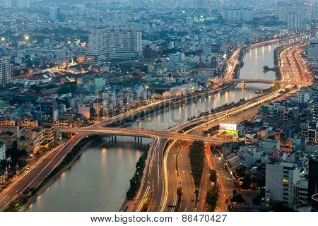 Aerial view on Ho Chi Minh city from the Bitexco tower, Saigon, Vietnam