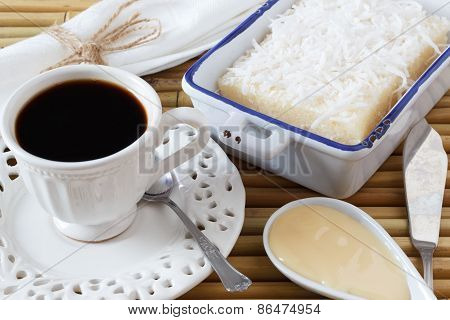 Sweet Couscous Pudding , Coconut, Cup Of Coffee, Condensed Milk