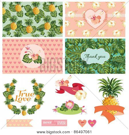 Pineapples and Tropical Leaves Background -Vintage Pattern - in vector 