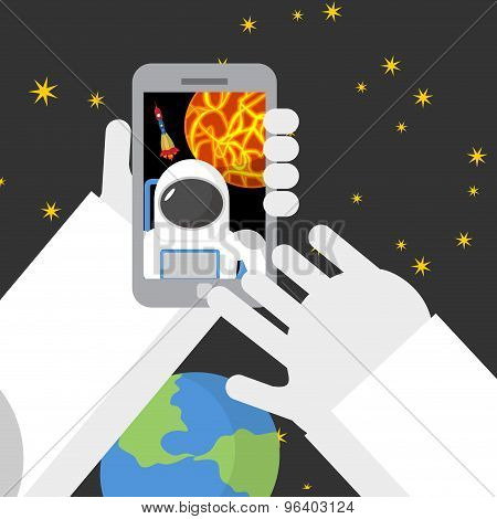 Selfie In Space. Astronaut Photographed Myself On Phone Against Backdrop Of A Rocket. Vector Illustr
