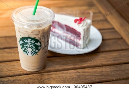 KRABI, THAILAND - July 18, 2015 : Glass of Starbuck Coffee Blended Beverages served at wood table in starbuck shop at Krabi , Thailand.