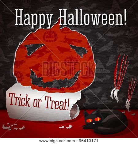 Cute illustration of cat, torn apart the halloween wallpapers -pumpkin shape- and look like she did