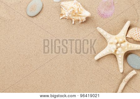 Sea sand with starfish and shells. Top view with copy space