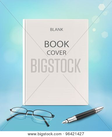 Blank Vertical Book Cover, On A Blue Backgraund With Glasses And Pen