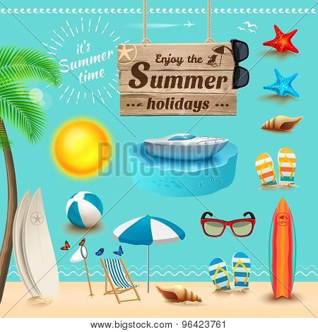 Set Of Realistic Summer Icons And Objects. Vector Illustration
