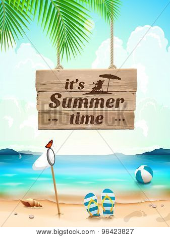 Summer Time On Background Seascape, Beach, Waves With Realistic Objects. Vector Illustration