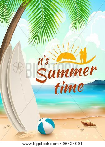Summer Time Background - Surfboard On Against Beach And Waves. Vector Illustration