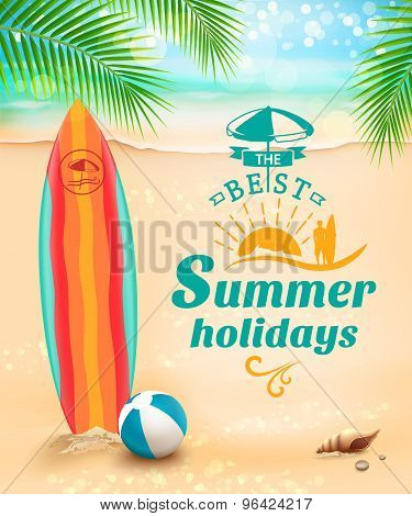 Summer Holidays Background - Surfboard On Against Beach And Waves. Vector Illustration