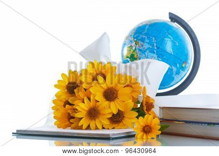 Globe With Books And Flowers