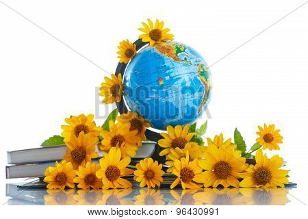 Globe With Books And Flowers