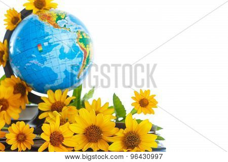 Globe With Books And Flowers