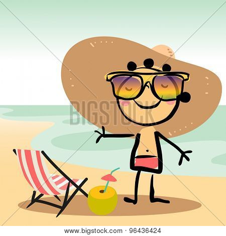 Cute Little girl tanning on beach, at the sea, ocean. Summer vacation vector illustration.