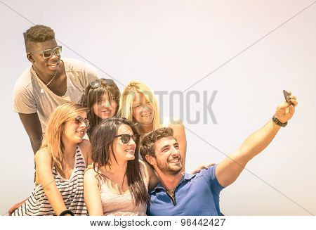 Group Of Multiracial Happy Friends Taking A Selfie Outdoors - International Concept Of Happiness