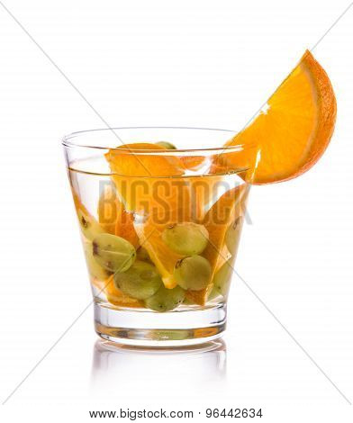 Infused Fresh Fruit Water Of Orange And Grape. Isolated Over White