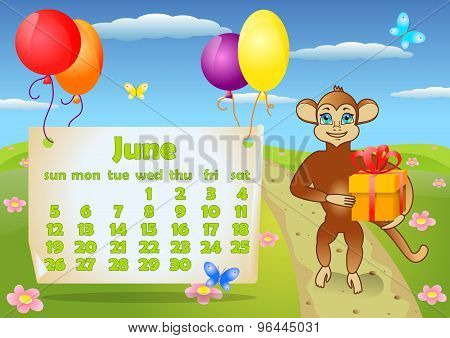 Calendar 2016 year with Monkey. June