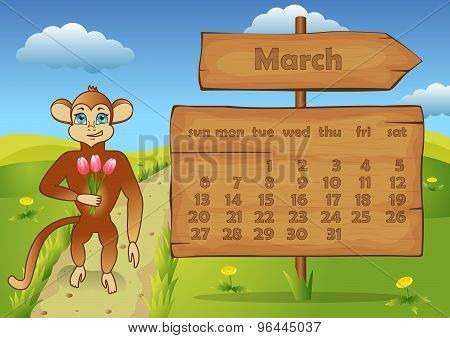 Calendar 2016 year with Monkey. March