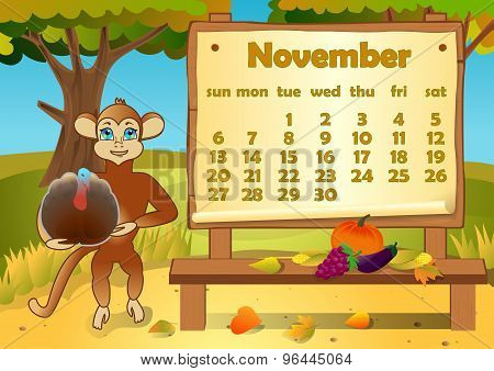 Calendar 2016 year with Monkey. November