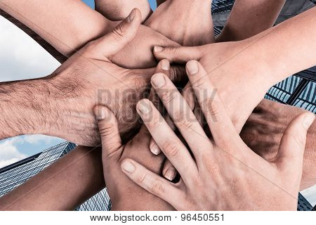 Group of hands holding together, conept of all, team, together etc.