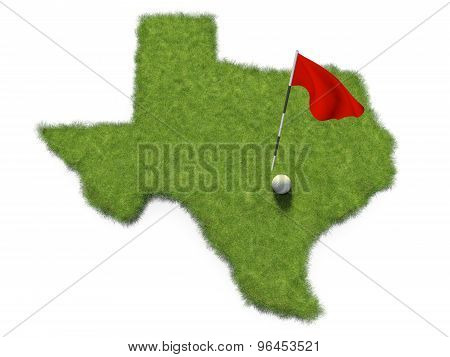 Golf ball and flag pole on course putting green shaped like the state of Texas
