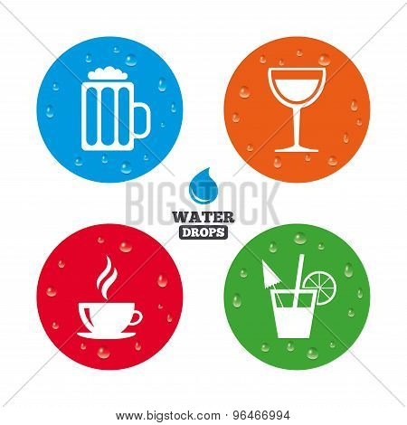 Drinks signs. Coffee cup, glass of beer icons.