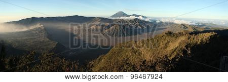 Sunrise over Mount Bromo (2,329 m) and the Tengger Caldera in East Java, Indonesia. Panorama from Mount Penanjakan (2,770 m).