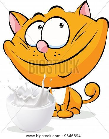 Cute Ginger Cat Sitting Isolated With Milk - Vector Cartoon