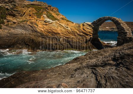 Ancient Bridge To Small Island Near The Town Of Andros, Andros, Greece