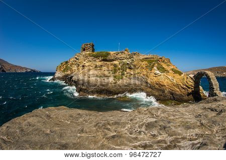 Ancient Bridge To Small Island Near The Town Of Andros, Andros, Greece