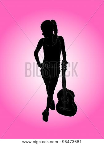 woman playing guitar on pink background