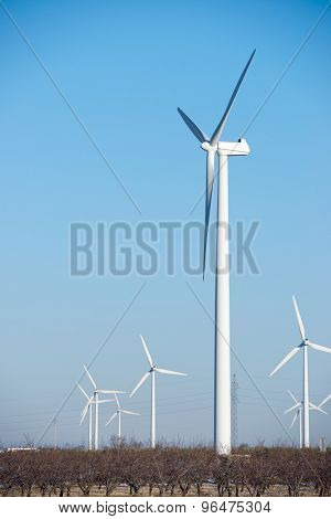 Windmilsl for electric power production, La Muela, Zaragoza Province, Aragon, Spain.
