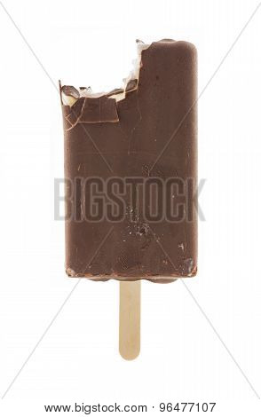 bitten vanilla ice cream coated chocolate isolatd on white background