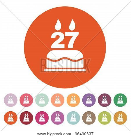 The birthday cake with candles in the form of number 27 icon. Birthday symbol. Flat