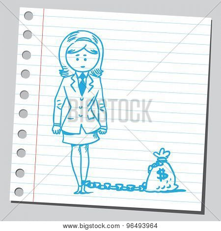 Businesswoman chained with money bag