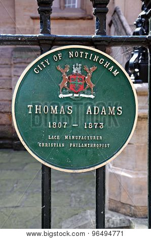 Thomas Adams Plaque, Nottingham.