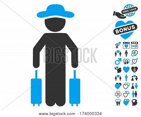 Gentleman Passenger icon with bonus amour pictograph collection. Vector illustration style is flat iconic blue and gray symbols on white background.