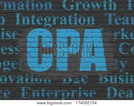 Business concept: Painted blue text CPA on Black Brick wall background with  Tag Cloud