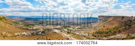 top view from White rock or Aq Qaya on a Sunny summer day. Crimea. White limestone with a vertical cliff