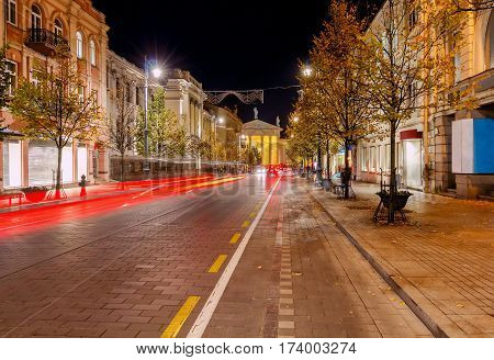 Street in night lighting in the historic center of the old town. Lithuania. Vilnius.
