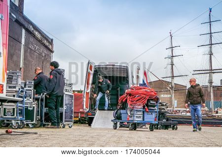 IJMUIDEN, NETHERLANDS - AUGUST 16 2015 : United television broadcast workers prepare for the Ijmuiden harbour festival