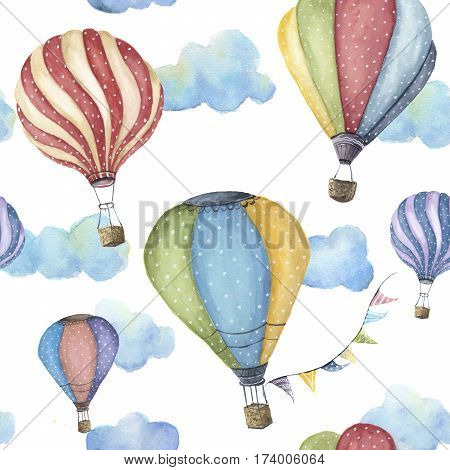 Watercolor pattern with cartoon hot air balloon. Transport ornament with flag garlands and clouds isolated on white background