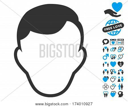 Man Face Template icon with bonus romantic pictograms. Vector illustration style is flat iconic blue and gray symbols on white background.
