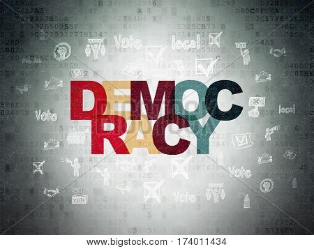 Politics concept: Painted multicolor text Democracy on Digital Data Paper background with  Hand Drawn Politics Icons